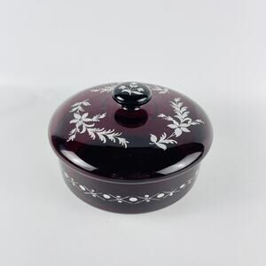 Ruby Red Glass Silver Overlay Candy Dish W/ Lid Floral 5 3/4 x 3 3/4”